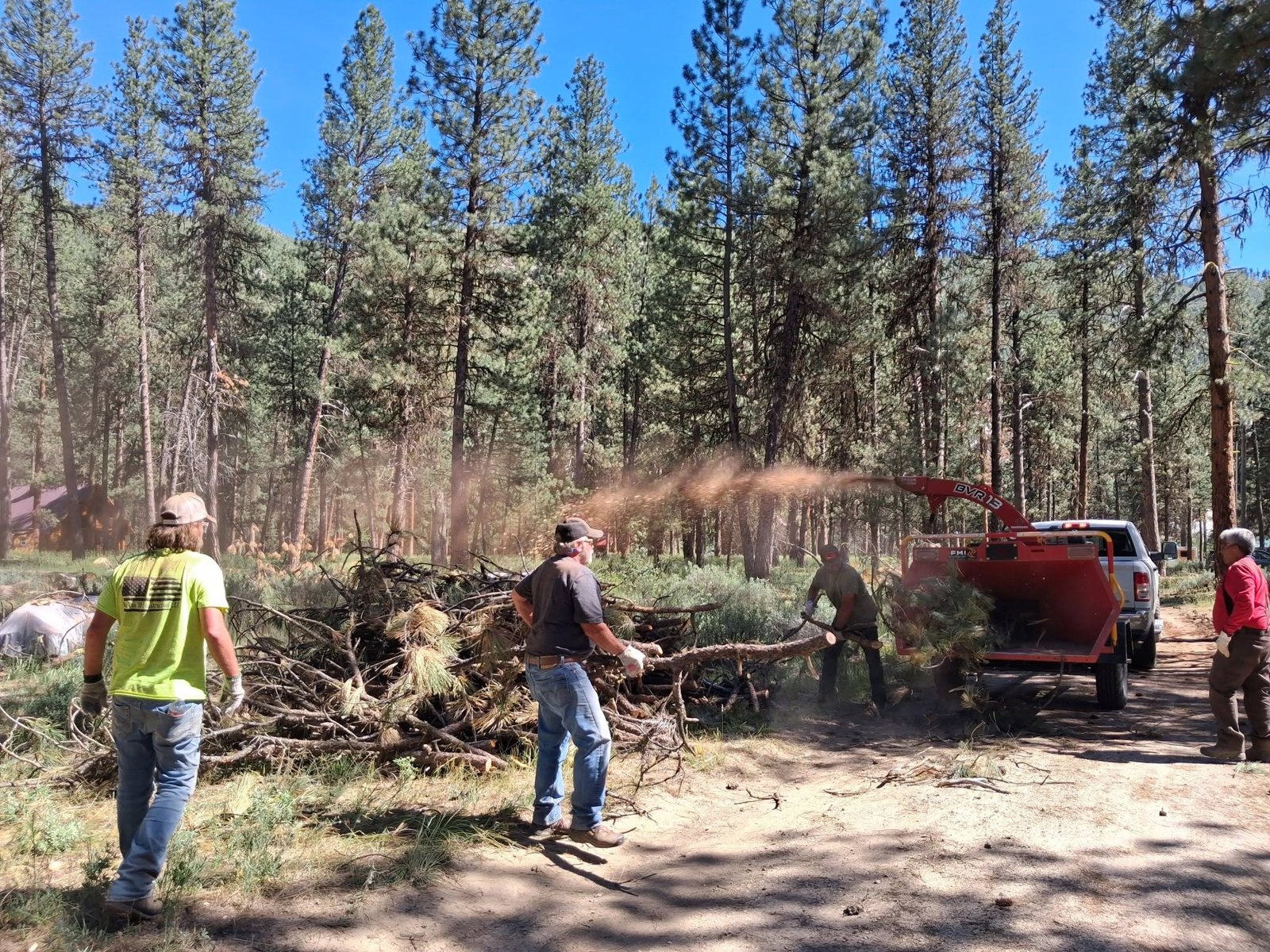 Hauling and chipping along the road.