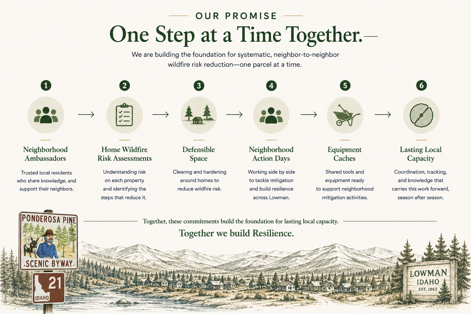 Our Promise — One Step at a Time, Together. Six commitments — Neighborhood Ambassadors, Home Wildfire Risk Assessments, Defensible Space, Neighborhood Action Days, Equipment Caches, and Lasting Local Capacity — building the foundation for lasting wildfire resilience in Lowman, Idaho.
